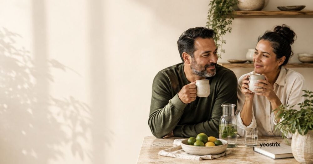 Warm editorial hero image featuring a relaxed middle-aged couple enjoying herbal tea in a light-filled natural kitchen, representing recovery, wellbeing, and healthy lifestyle choices during a Candida support programme.