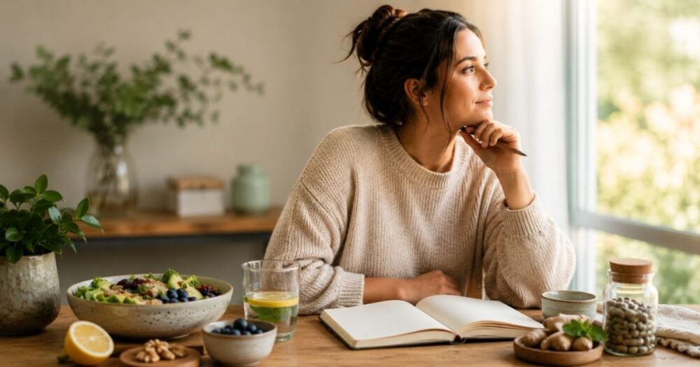 Woman reflecting by a sunny window while journaling about gut health, surrounded by healthy food in a calm home setting.