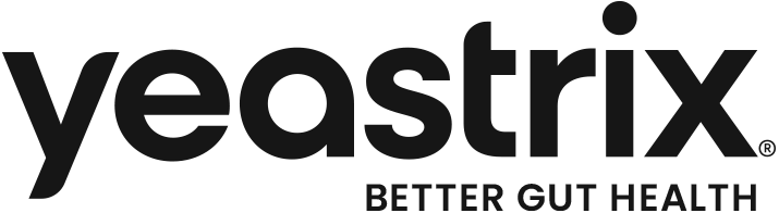 The image shows the logo for "Yeastrix" with the tagline "Better Gut Health" in bold black letters on a transparent background.