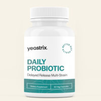 White bottle labeled "Daily Probiotic," containing 60 vegetarian capsules, with "yeastrix" branding and "Delayed Release Multi-Strain" text.