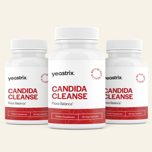 unnamed-5 Three bottles of Yeastrix Candida Cleanse dietary supplement, labeled "Flora Balance," each containing 90 vegetable capsules.