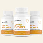 Three bottles of Yeastrix Active Enzymes dietary supplements with acid-resistant probiotics, each containing 60 vegetarian capsules.