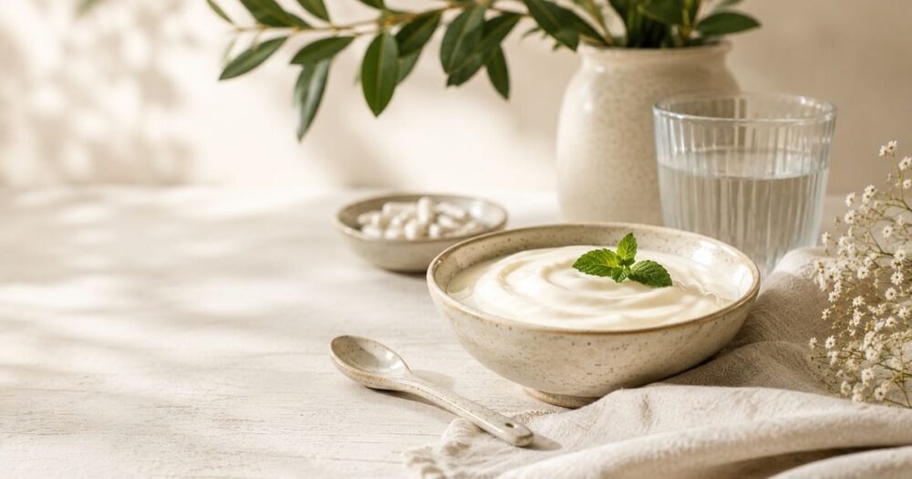 Cream-toned editorial still life featuring natural yoghurt, probiotic capsules, water, botanical greenery and ceramic tableware, representing natural support for vaginal and gut microbiome health.