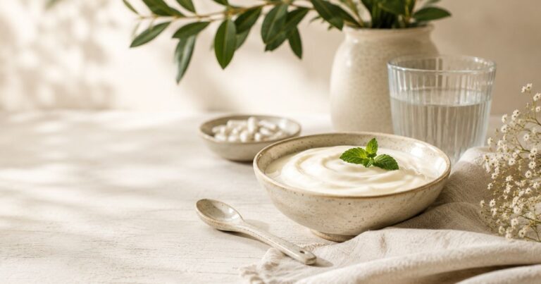 Cream-toned editorial still life featuring natural yoghurt, probiotic capsules, water, botanical greenery and ceramic tableware, representing natural support for vaginal and gut microbiome health.