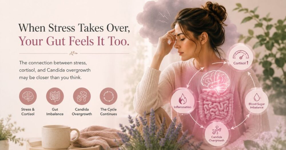 Hero image for article about Candida and cortisol featuring a stressed woman with illustrations showing the gut-brain connection, inflammation, blood sugar imbalance, and cortisol-related digestive stress.