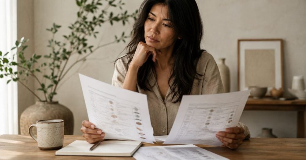 Woman comparing comprehensive stool test reports at home, considering which test may be right for her