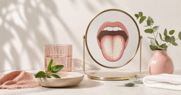 Modern editorial illustration of a white-coated tongue reflected in a mirror, with a glass of water and botanical elements representing oral health and Candida.