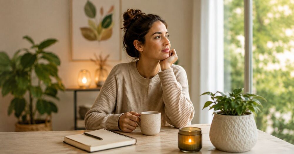 Woman sitting thoughtfully with tea and a journal in a softly lit home setting, representing hormonal balance, stress, gut health, and candida wellness support.