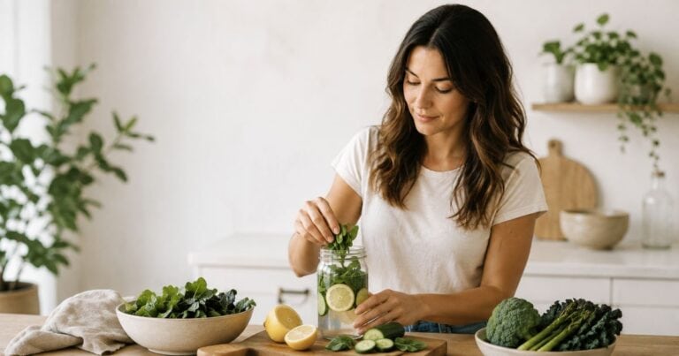 Woman preparing a healthy drink with leafy greens, lemon and cucumber in a bright kitchen.