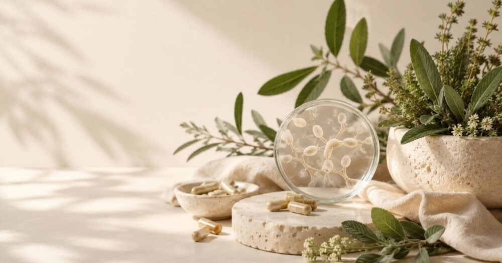 Editorial still life featuring natural botanicals, capsules, and stone surfaces representing yeast infections and natural wellness support.