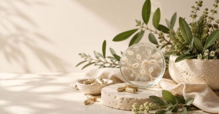 Editorial still life featuring natural botanicals, capsules, and stone surfaces representing yeast infections and natural wellness support.