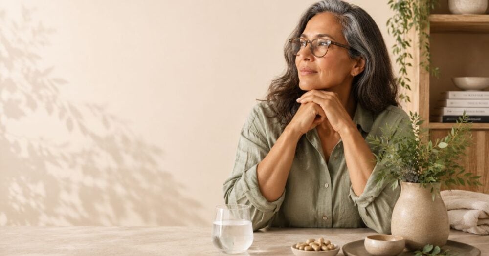 Middle-aged woman wearing glasses sits thoughtfully in a calm natural setting, reflecting the connection between menopause, hormones and gut health.