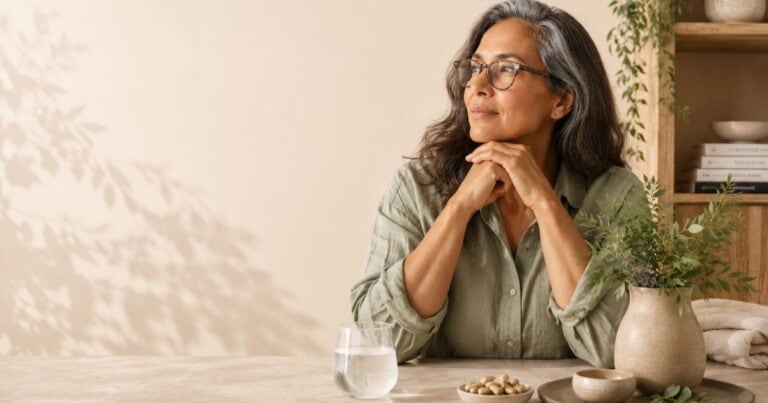 Middle-aged woman wearing glasses sits thoughtfully in a calm natural setting, reflecting the connection between menopause, hormones and gut health.
