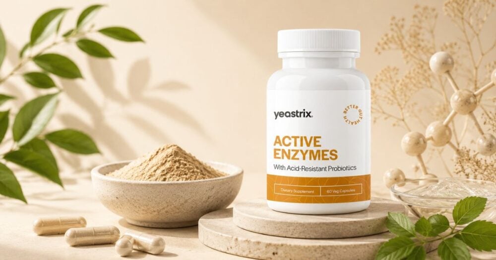 Yeastrix Active Enzymes supplement bottle with natural botanical elements representing enzymes that help break down Candida biofilms and support gut health.