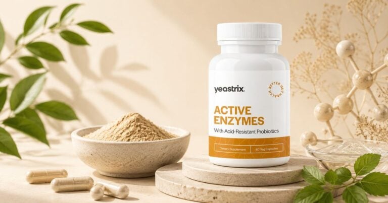 Yeastrix Active Enzymes supplement bottle with natural botanical elements representing enzymes that help break down Candida biofilms and support gut health.
