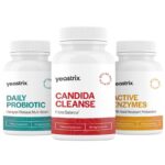 Three Yeastrix supplement bottles labeled Daily Probiotic, Candida Cleanse, and Active Enzymes are displayed side by side against a white background - Yeastrix Gut Restore Kit