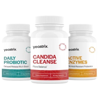 Three Yeastrix supplement bottles labeled Daily Probiotic, Candida Cleanse, and Active Enzymes are displayed side by side against a white background - Yeastrix Gut Restore Kit