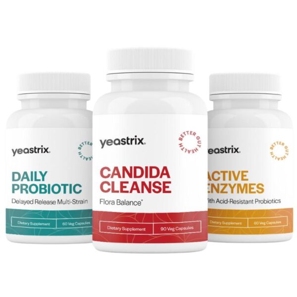 yeastrix gut restore kit Three Yeastrix supplement bottles labeled Daily Probiotic, Candida Cleanse, and Active Enzymes are displayed side by side against a white background - Yeastrix Gut Restore Kit